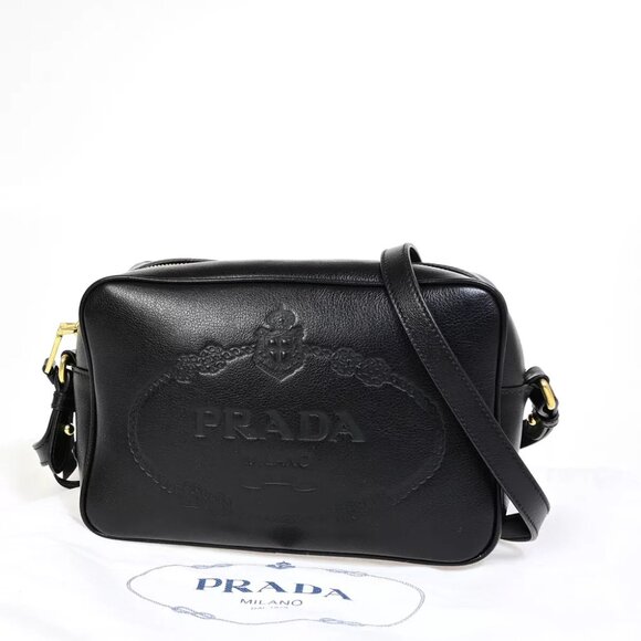 PRADA MILANO Embossed Logo Crossbody Shoulder Bag Leather Black - Picture 1 of 7